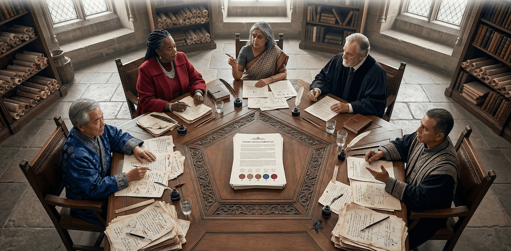 Multiple participants around a table representing collective AI deliberation.