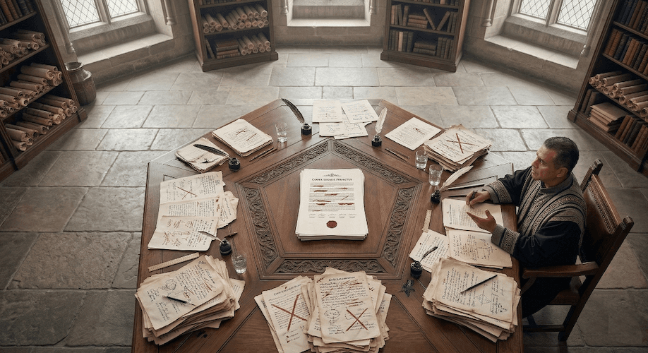 A single wise figure at a desk, surrounded by drafts and corrections — a metaphor for one model working alone.